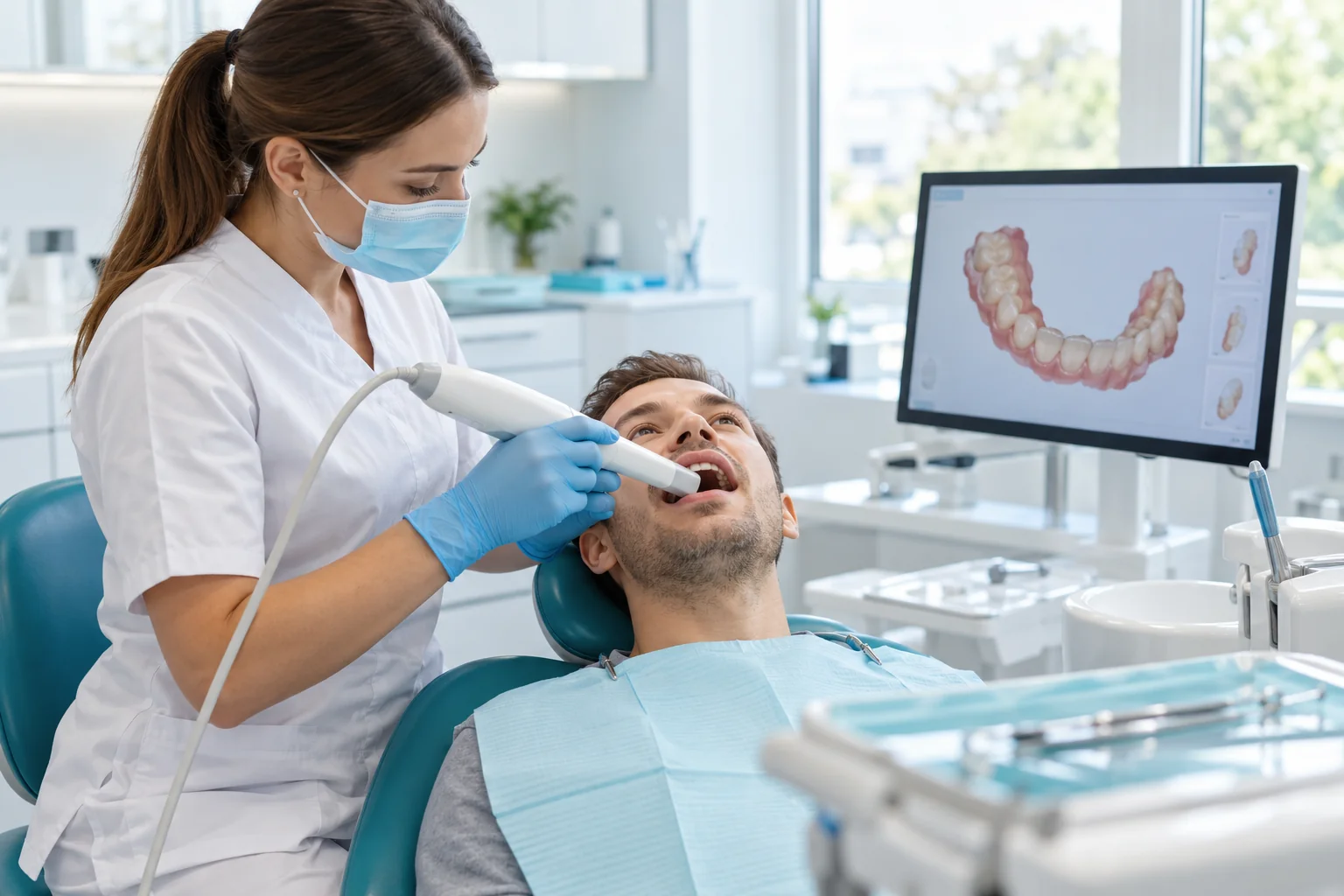 Profissional realizando escaneamento intraoral em um paciente; imagem ilustrativa.